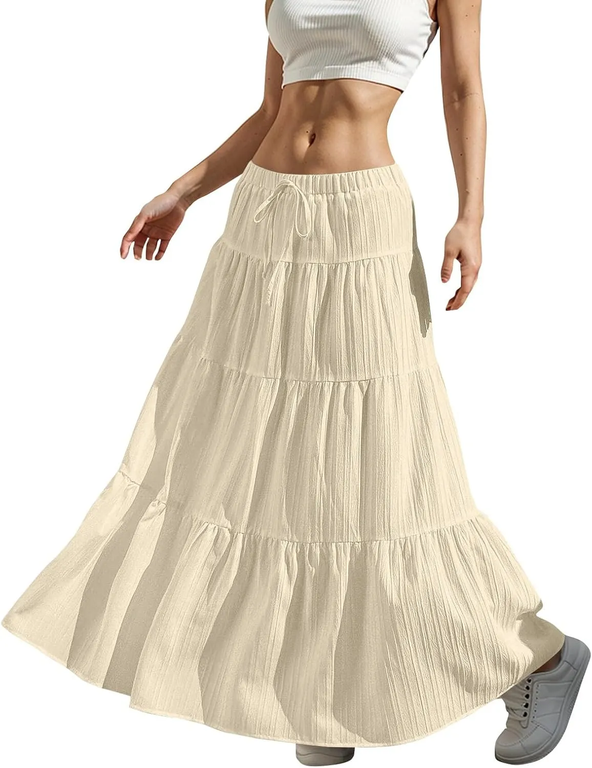 Linen Maxi Skirts for Women Elegant Pleated Tiered A Line Long Skirt Casual Summer Flowy Beach Skirt Vacation Outfits
