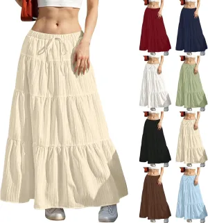 Linen Maxi Skirts for Women Elegant Pleated Tiered A Line Long Skirt Casual Summer Flowy Beach Skirt Vacation Outfits