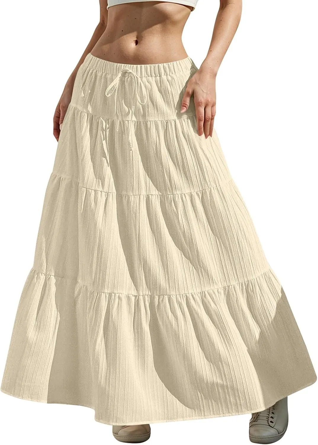 Linen Maxi Skirts for Women Elegant Pleated Tiered A Line Long Skirt Casual Summer Flowy Beach Skirt Vacation Outfits