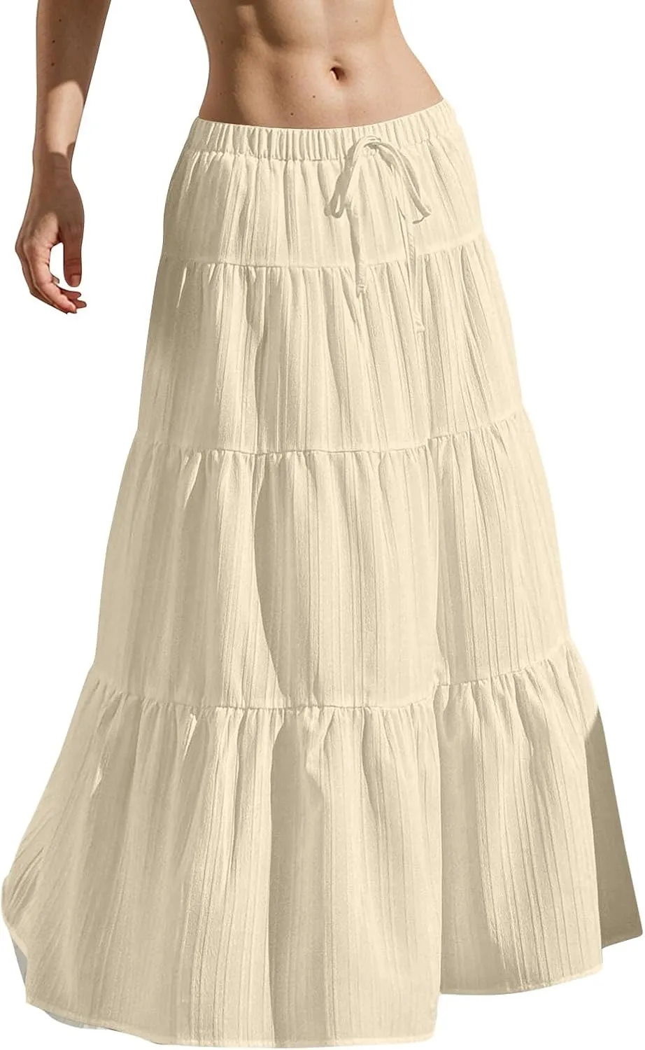 Linen Maxi Skirts for Women Elegant Pleated Tiered A Line Long Skirt Casual Summer Flowy Beach Skirt Vacation Outfits