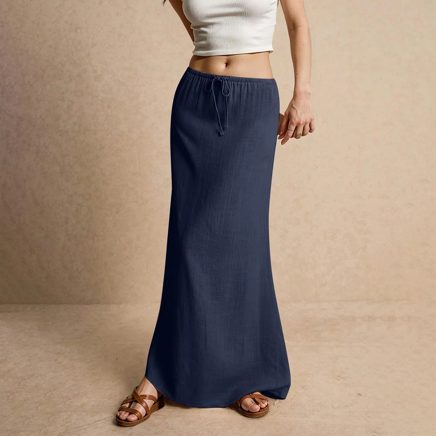 Linen Skirts for Women 2025 Summer Casual Maxi Skirt Drawstring Low Rise A-Line Flowy Boho Beach Vacation Outfits