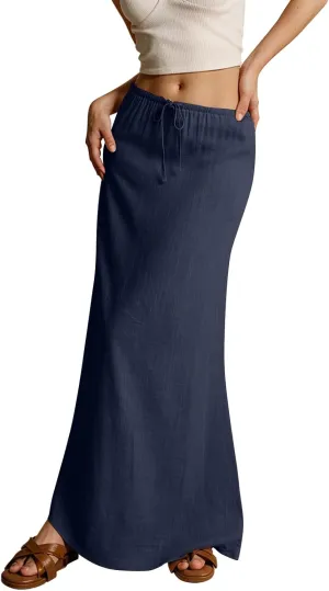 Linen Skirts for Women 2025 Summer Casual Maxi Skirt Drawstring Low Rise A-Line Flowy Boho Beach Vacation Outfits
