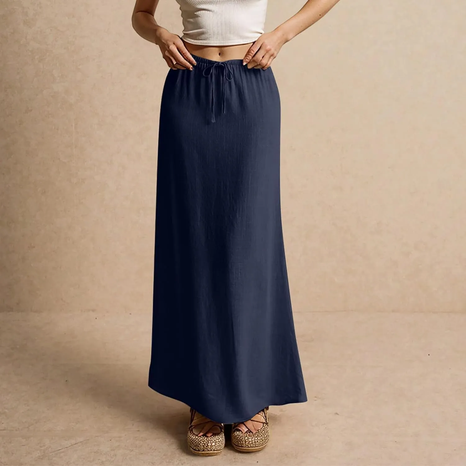 Linen Skirts for Women 2025 Summer Casual Maxi Skirt Drawstring Low Rise A-Line Flowy Boho Beach Vacation Outfits