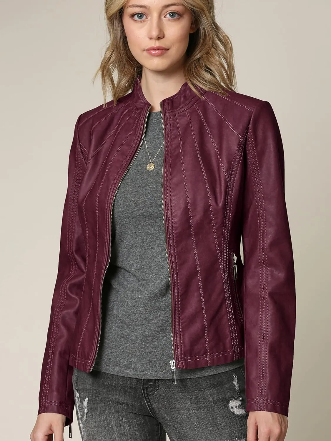 Lock and Love Women's Faux Leather Moto Biker Jacket Coat with Removable or Non-Removable Hood