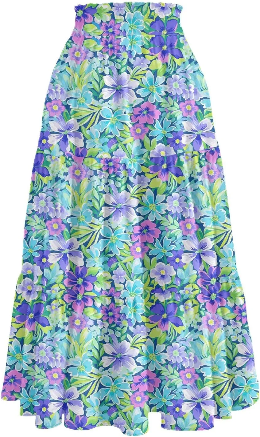 Long Floral Skirts for Women Trendy Going Out Casual Peasant Floral Travel Flowy Country Elastic Waist Beach Flutter Skirts