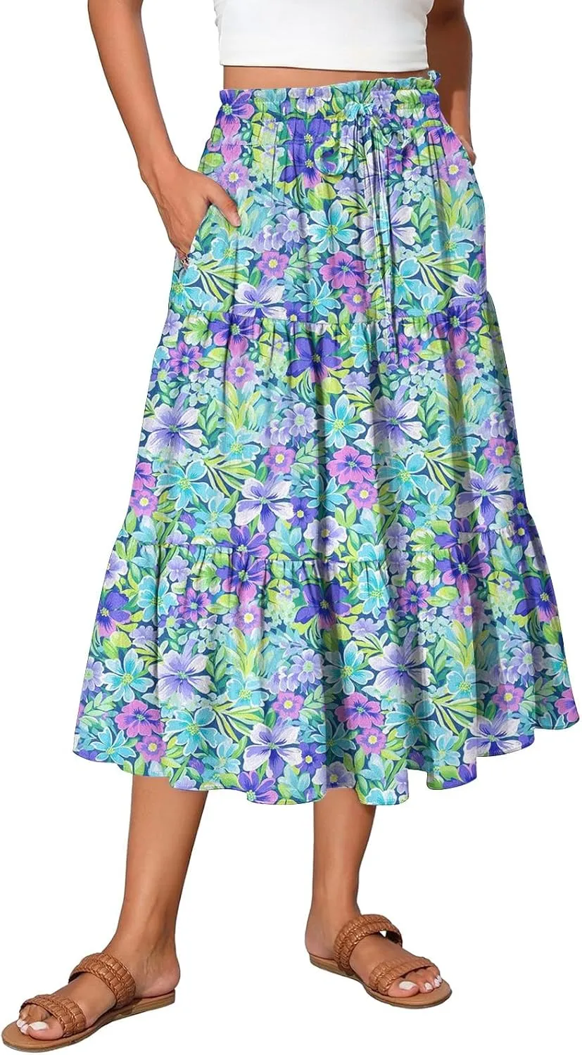 Long Floral Skirts for Women Trendy Going Out Casual Peasant Floral Travel Flowy Country Elastic Waist Beach Flutter Skirts