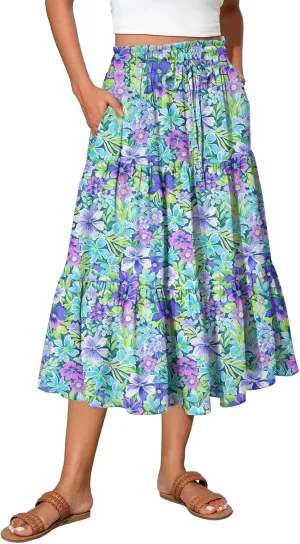 Long Floral Skirts for Women Trendy Going Out Casual Peasant Floral Travel Flowy Country Elastic Waist Beach Flutter Skirts