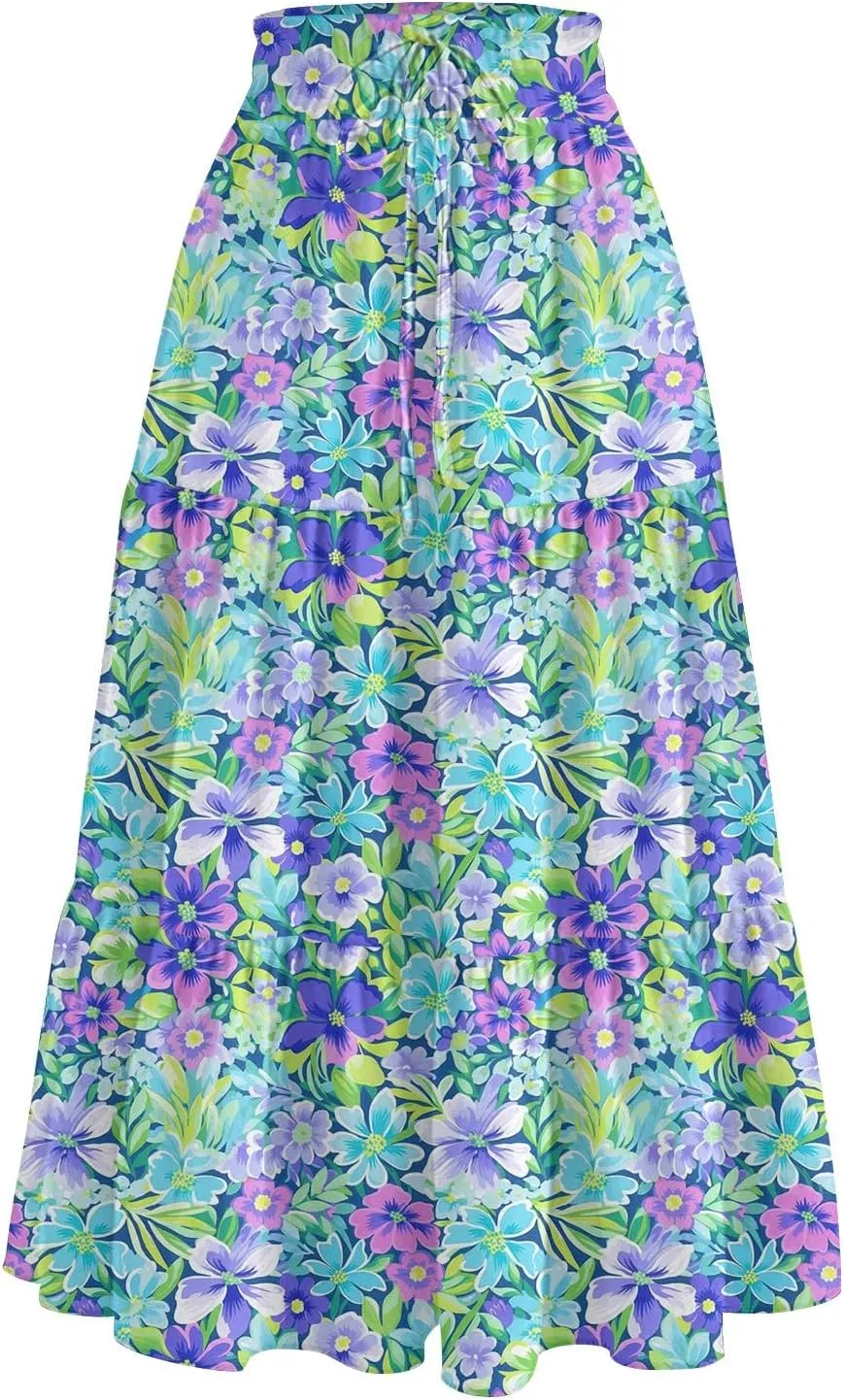 Long Floral Skirts for Women Trendy Going Out Casual Peasant Floral Travel Flowy Country Elastic Waist Beach Flutter Skirts
