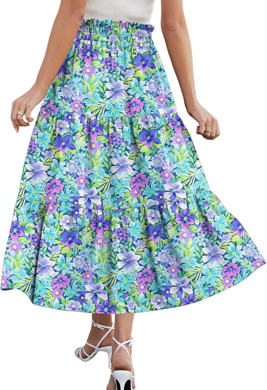 Long Floral Skirts for Women Trendy Going Out Casual Peasant Floral Travel Flowy Country Elastic Waist Beach Flutter Skirts