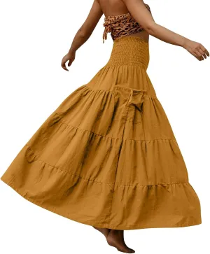Long Maxi Skirts for Women Boho Solid High Waisted Casual A Line Skirt Pleated Beach Flowy Swing Midi Skirt