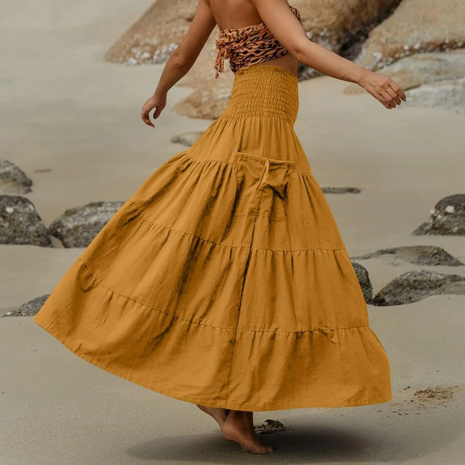 Long Maxi Skirts for Women Boho Solid High Waisted Casual A Line Skirt Pleated Beach Flowy Swing Midi Skirt