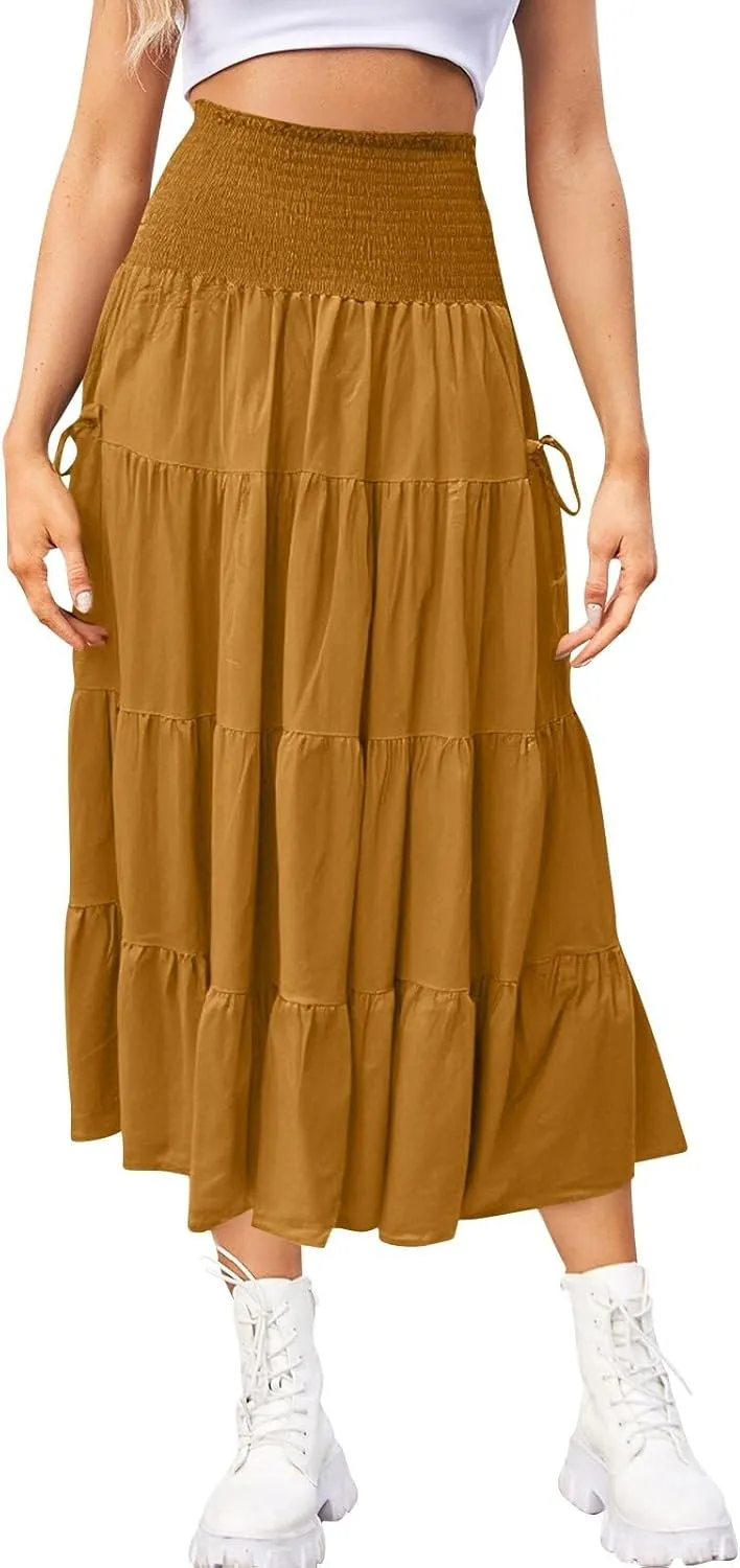 Long Maxi Skirts for Women Boho Solid High Waisted Casual A Line Skirt Pleated Beach Flowy Swing Midi Skirt