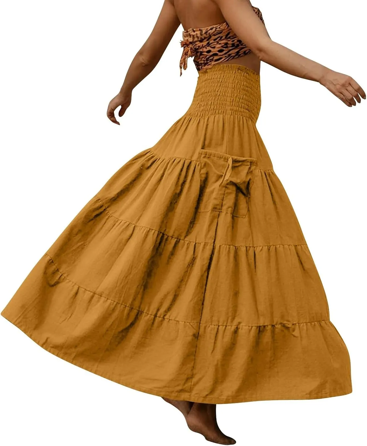 Long Maxi Skirts for Women Boho Solid High Waisted Casual A Line Skirt Pleated Beach Flowy Swing Midi Skirt