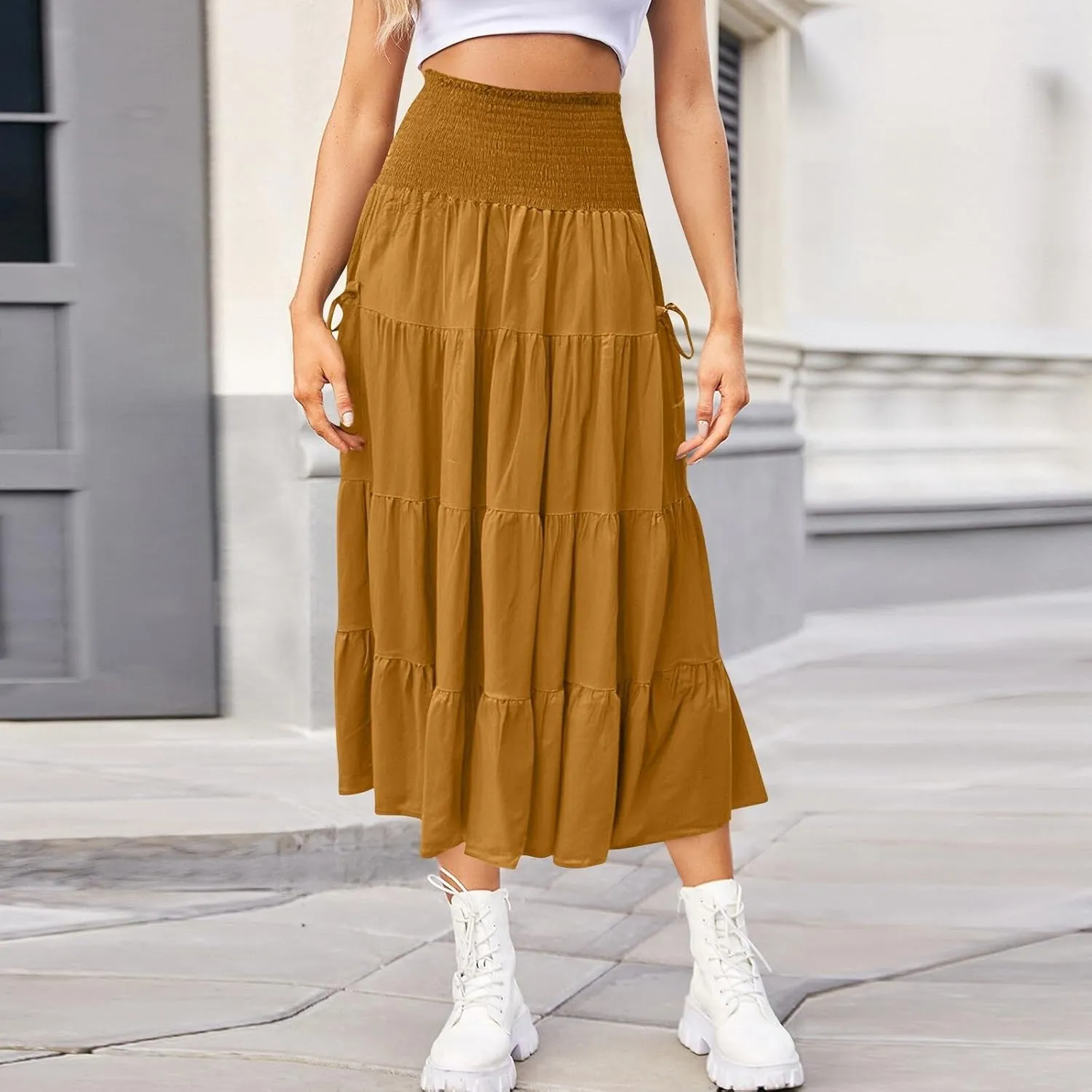Long Maxi Skirts for Women Boho Solid High Waisted Casual A Line Skirt Pleated Beach Flowy Swing Midi Skirt