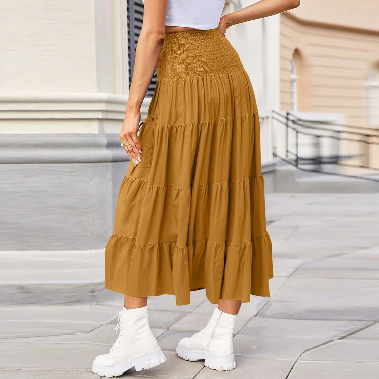 Long Maxi Skirts for Women Boho Solid High Waisted Casual A Line Skirt Pleated Beach Flowy Swing Midi Skirt
