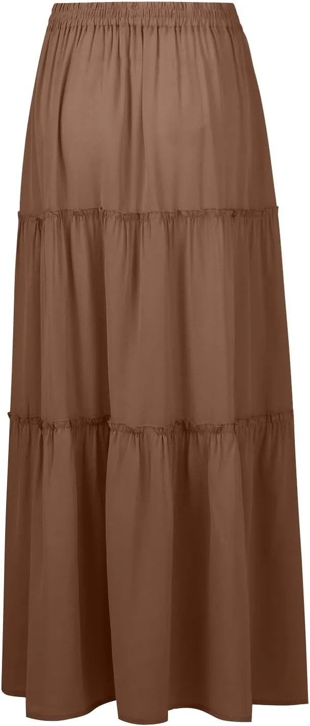Long Skirts for Women 2025 Elastic Waist Solid Pleated Ruffle Boho Flowy A line Maxi Skirt, S-2XL