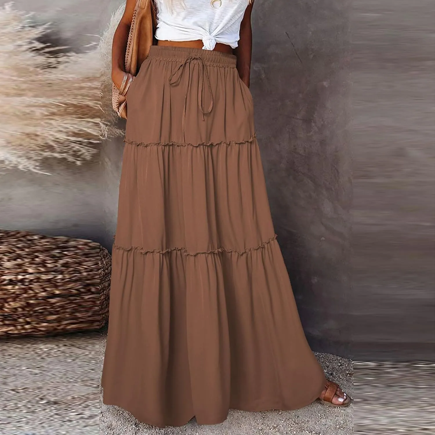 Long Skirts for Women 2025 Elastic Waist Solid Pleated Ruffle Boho Flowy A line Maxi Skirt, S-2XL