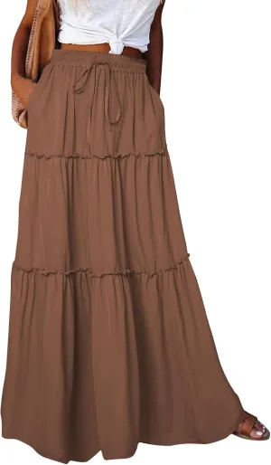 Long Skirts for Women 2025 Elastic Waist Solid Pleated Ruffle Boho Flowy A line Maxi Skirt, S-2XL