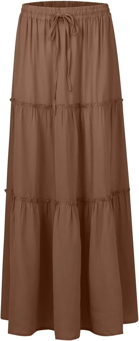 Long Skirts for Women 2025 Elastic Waist Solid Pleated Ruffle Boho Flowy A line Maxi Skirt, S-2XL