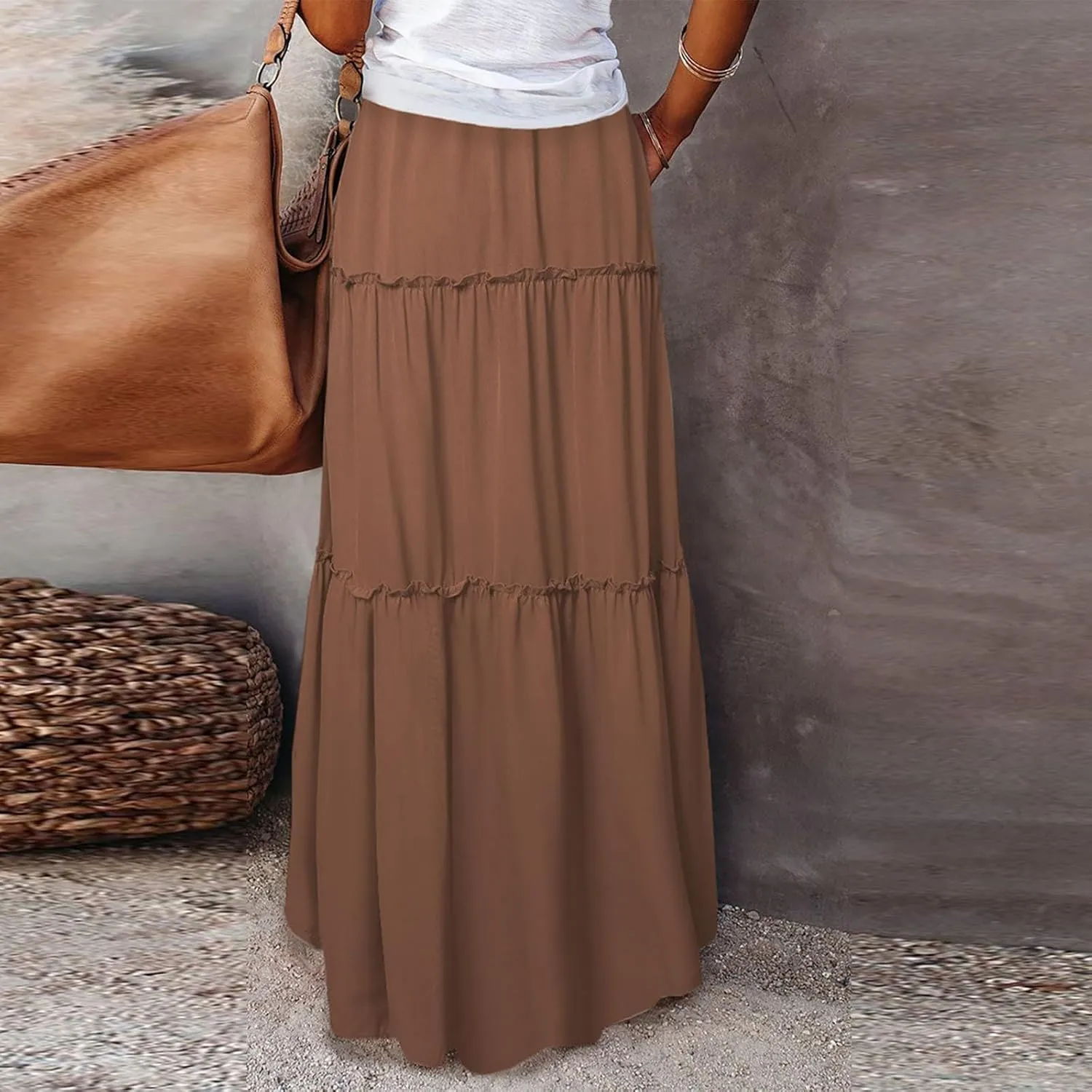 Long Skirts for Women 2025 Elastic Waist Solid Pleated Ruffle Boho Flowy A line Maxi Skirt, S-2XL