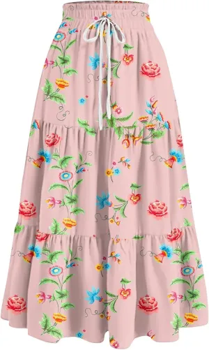 Long Skirts for Women 2025 Summer Floral Print Pleated Dress High Waist A Line Maxi Skirts Beach Flowy Boho Dresses