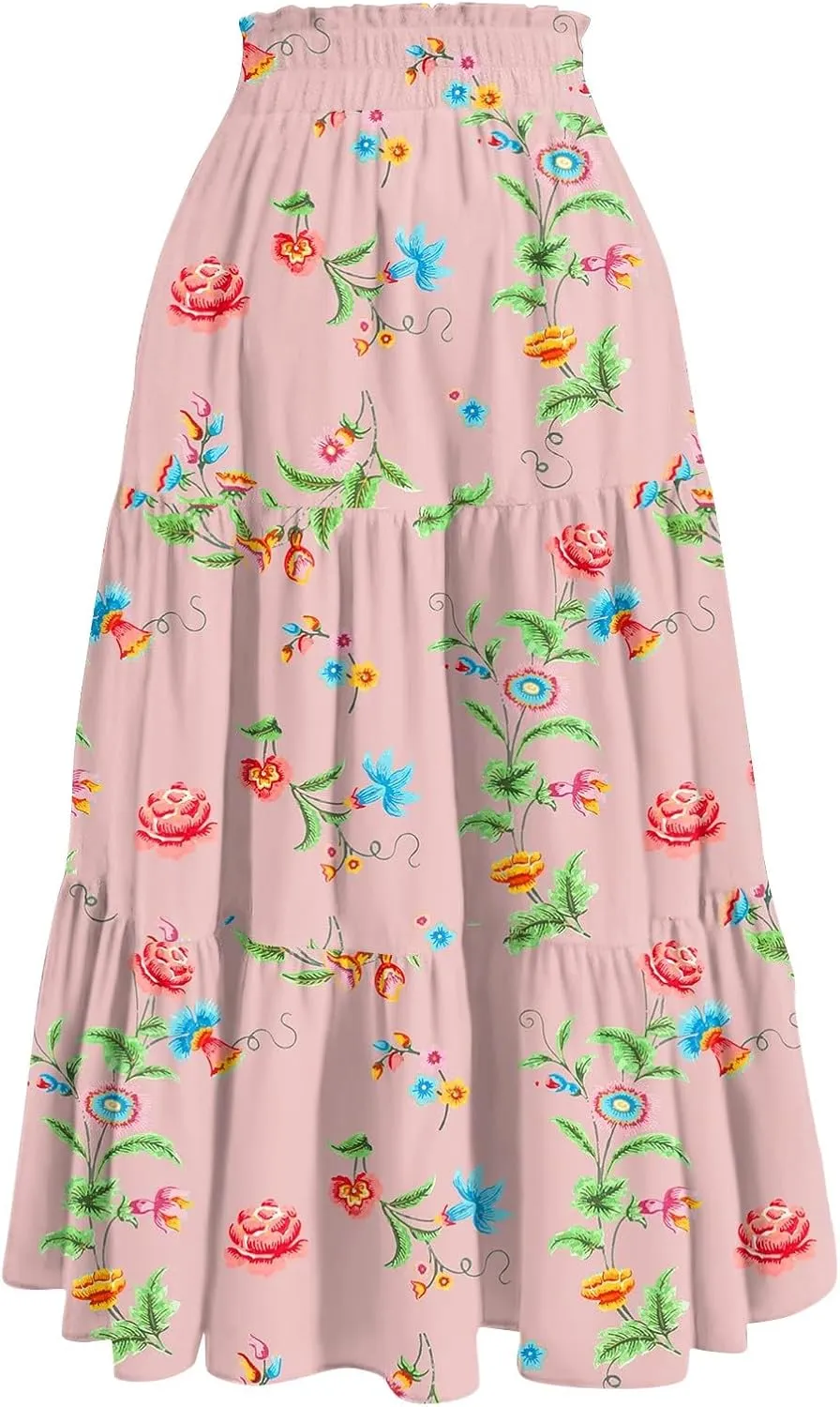 Long Skirts for Women 2025 Summer Floral Print Pleated Dress High Waist A Line Maxi Skirts Beach Flowy Boho Dresses