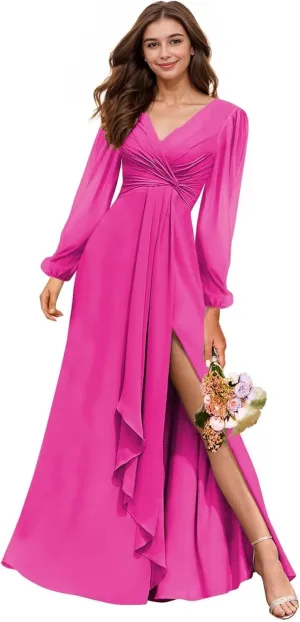 Long Sleeve Bridesmaid Dresses with Slit V-Neck Chiffon Prom Dresses Pleated Wedding Party Gown