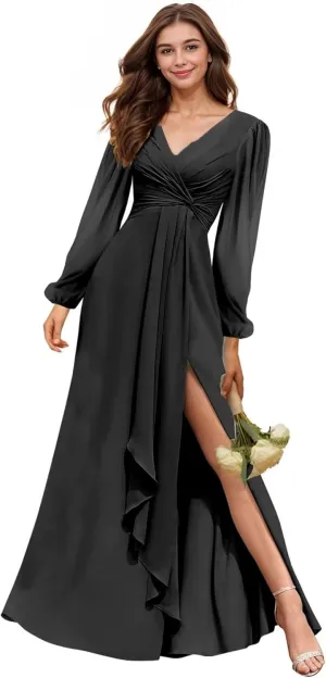 Long Sleeve Bridesmaid Dresses with Slit V-Neck Chiffon Prom Dresses Pleated Wedding Party Gown