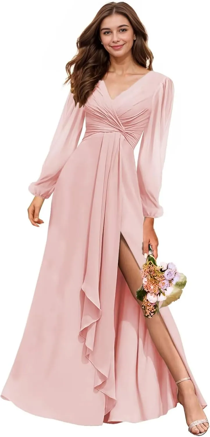 Long Sleeve Bridesmaid Dresses with Slit V-Neck Chiffon Prom Dresses Pleated Wedding Party Gown