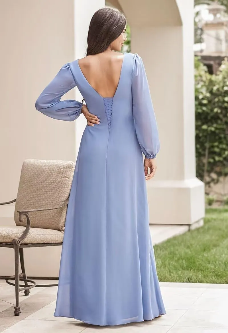 Long Sleeve Bridesmaid Dresses with Slit V-Neck Chiffon Prom Dresses Pleated Wedding Party Gown