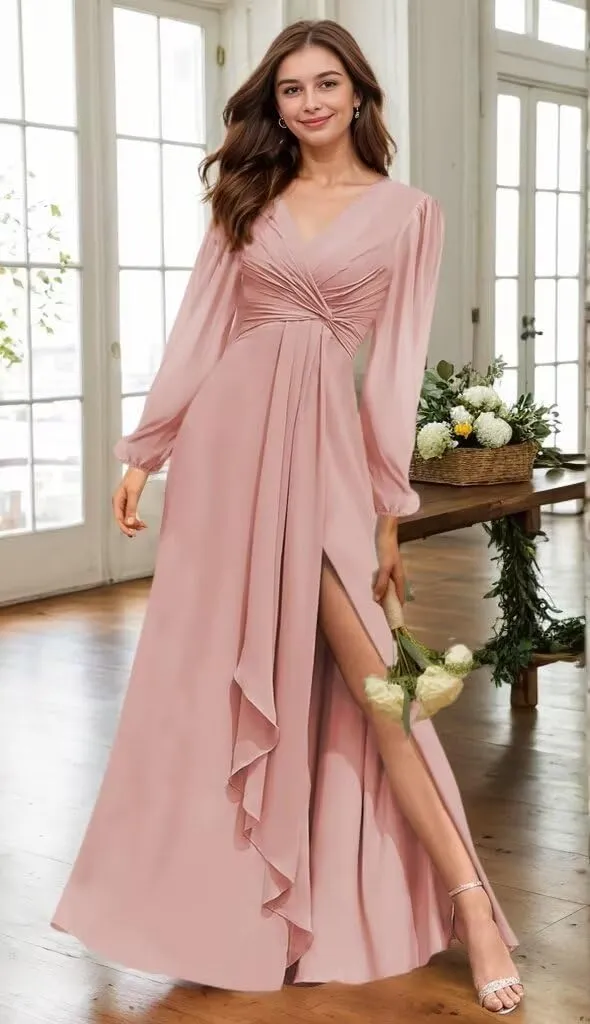 Long Sleeve Bridesmaid Dresses with Slit V-Neck Chiffon Prom Dresses Pleated Wedding Party Gown