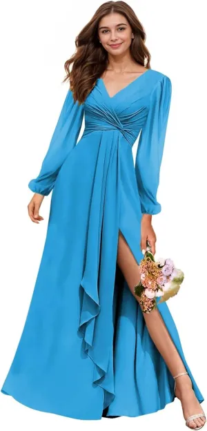 Long Sleeve Bridesmaid Dresses with Slit V-Neck Chiffon Prom Dresses Pleated Wedding Party Gown