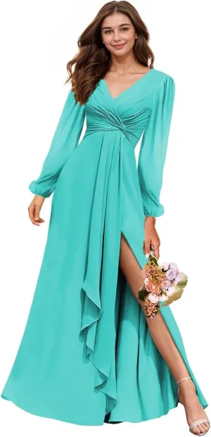 Long Sleeve Bridesmaid Dresses with Slit V-Neck Chiffon Prom Dresses Pleated Wedding Party Gown