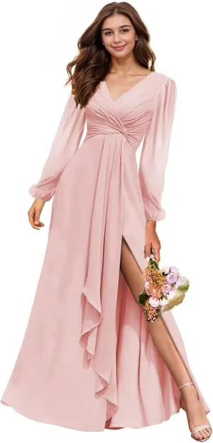 Long Sleeve Bridesmaid Dresses with Slit V-Neck Chiffon Prom Dresses Pleated Wedding Party Gown