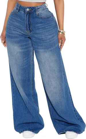 LONGBIDA Women's Boyfriend Straight Leg Jeans High Rise Wide Leg Baggy Stretchy Denim Pants with Raw Hem Frayed Edge