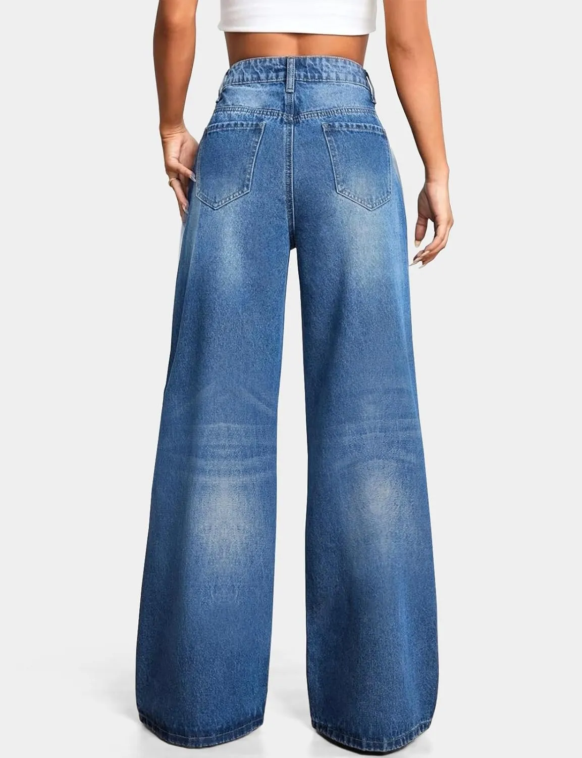 LONGBIDA Women's Boyfriend Straight Leg Jeans High Rise Wide Leg Baggy Stretchy Denim Pants with Raw Hem Frayed Edge