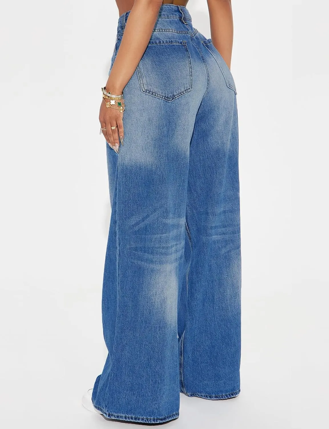 LONGBIDA Women's Boyfriend Straight Leg Jeans High Rise Wide Leg Baggy Stretchy Denim Pants with Raw Hem Frayed Edge