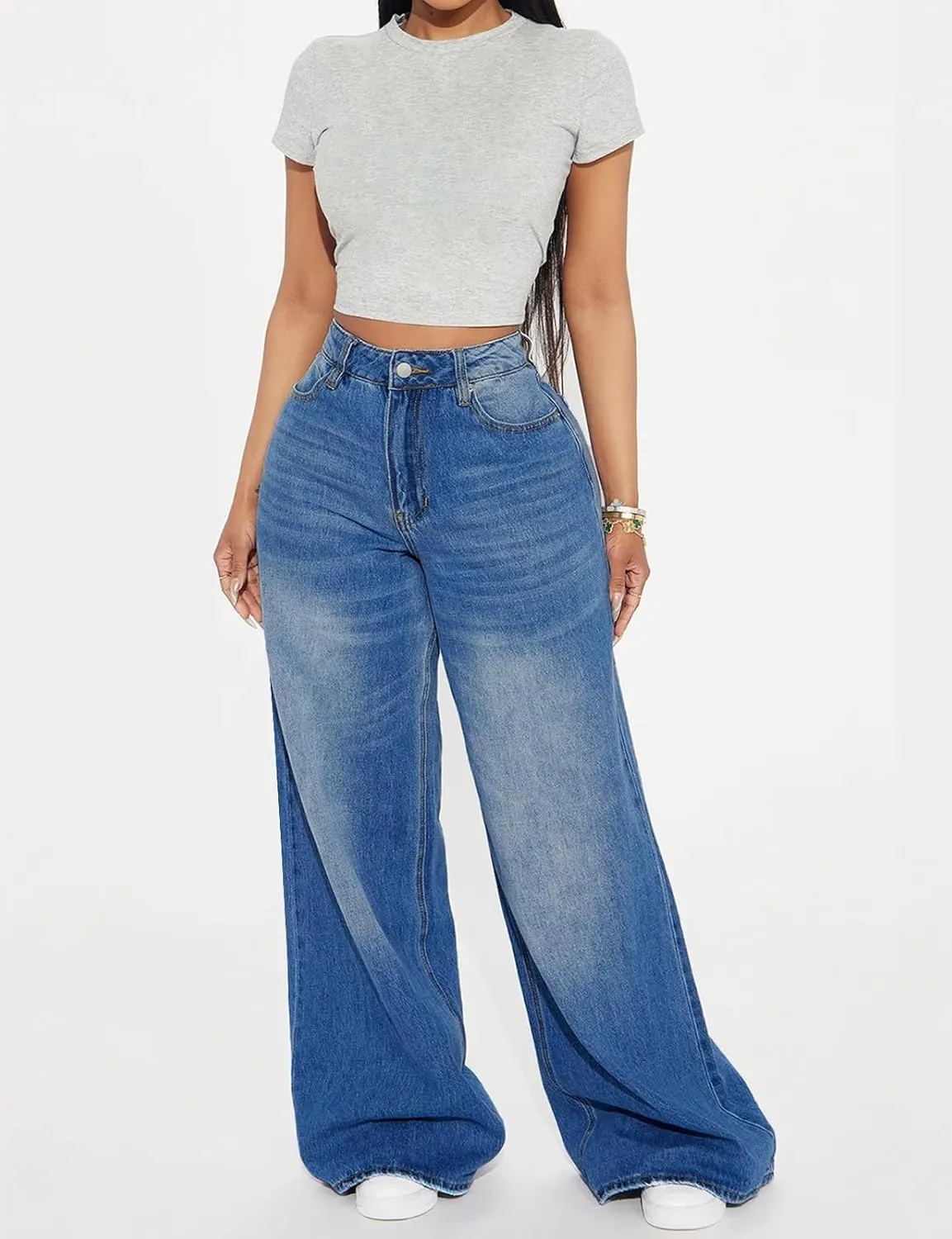 LONGBIDA Women's Boyfriend Straight Leg Jeans High Rise Wide Leg Baggy Stretchy Denim Pants with Raw Hem Frayed Edge