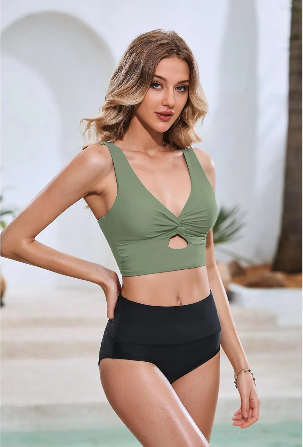 LookbookStore Tankini Tops for Women Cut Out Long Bikini Top Twist Knot Padded Adjustable Swimsuit Tops Only Resort Wear