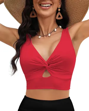 LookbookStore Tankini Tops for Women Cut Out Long Bikini Top Twist Knot Padded Adjustable Swimsuit Tops Only Resort Wear