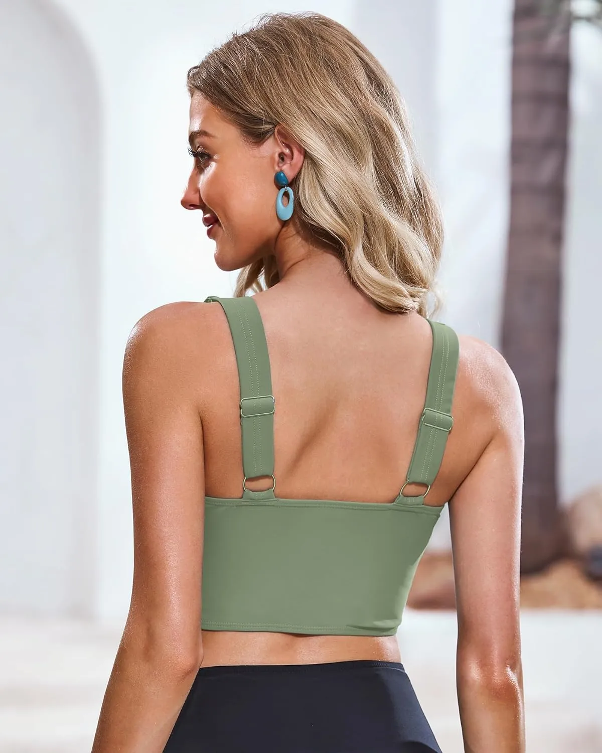 LookbookStore Tankini Tops for Women Cut Out Long Bikini Top Twist Knot Padded Adjustable Swimsuit Tops Only Resort Wear