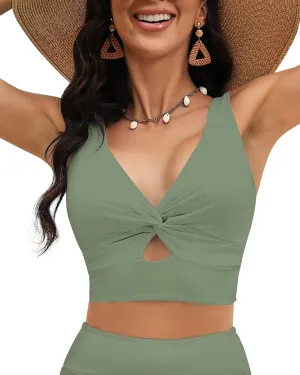 LookbookStore Tankini Tops for Women Cut Out Long Bikini Top Twist Knot Padded Adjustable Swimsuit Tops Only Resort Wear