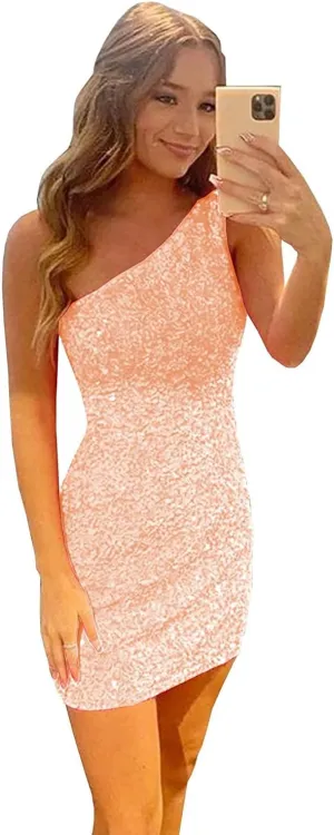 Loyeloy One Shoulder Short Homecoming Dresses for Teens 2025 Glitter Sequins Tight Prom Evening Gowns