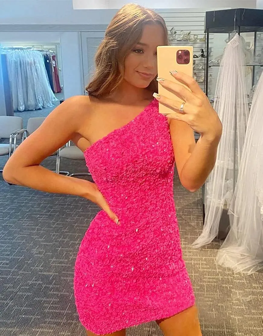 Loyeloy One Shoulder Short Homecoming Dresses for Teens 2025 Glitter Sequins Tight Prom Evening Gowns