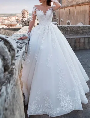 Luolandi Engagement Sexy Fall Formal Wedding Dresses Ball Gown V Neck Long Sleeve Chapel Train Lace Bridal Gowns