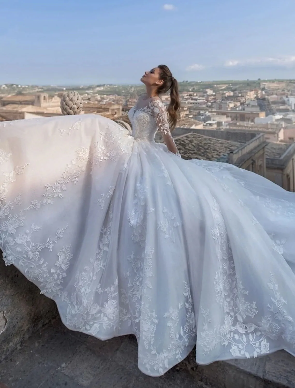 Luolandi Engagement Sexy Fall Formal Wedding Dresses Ball Gown V Neck Long Sleeve Chapel Train Lace Bridal Gowns