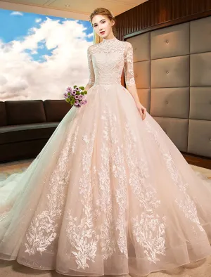 Luolandi Engagement Sparkle & Shine Formal Wedding Dresses Ball Gown High Neck Long Sleeve Cathedral Train Lace Bridal Gowns With Sequin