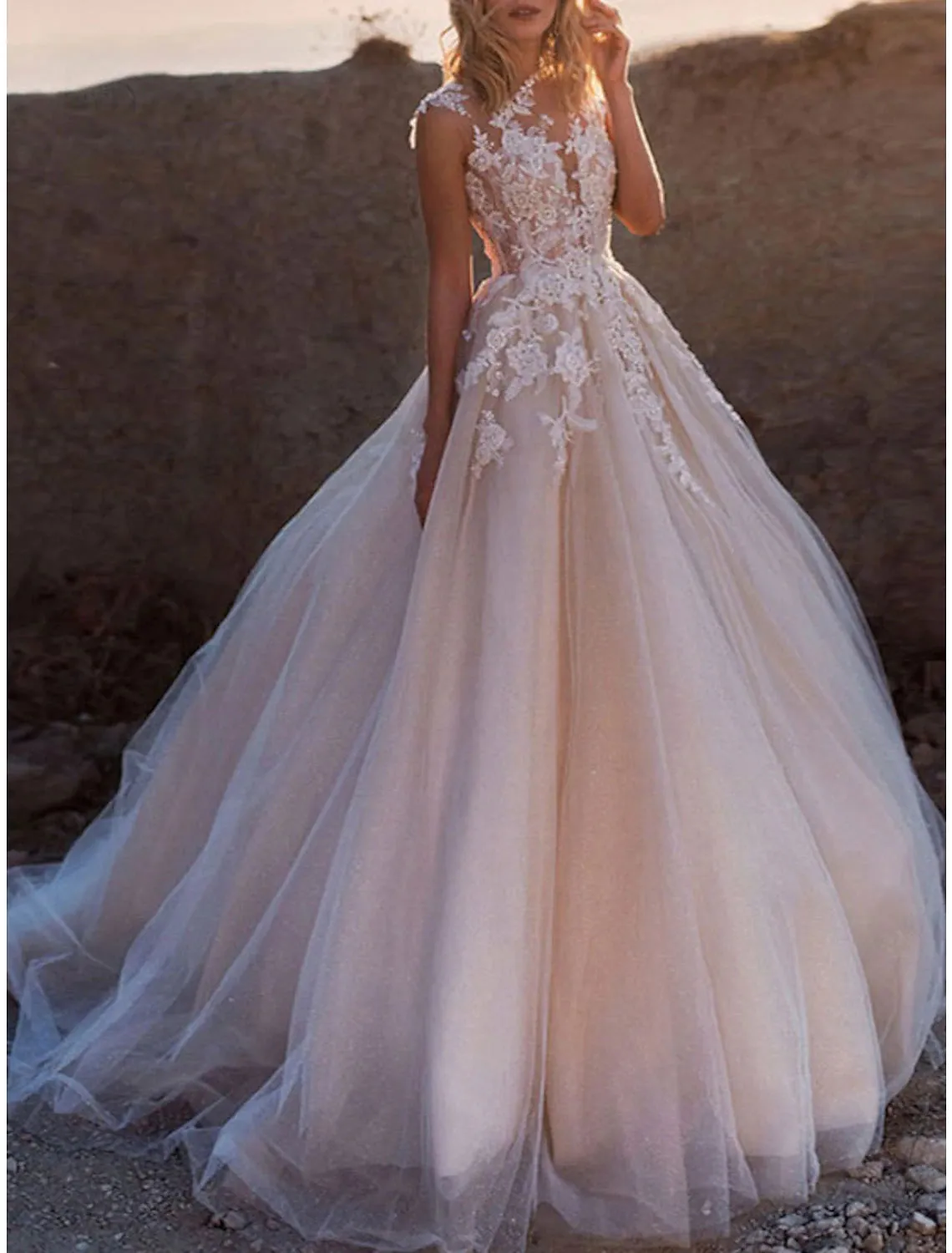 Luolandi Formal Wedding Dresses Ball Gown Illusion Neck Cap Sleeve Court Train Lace Bridal Gowns With Buttons Appliques Summer Wedding Party
