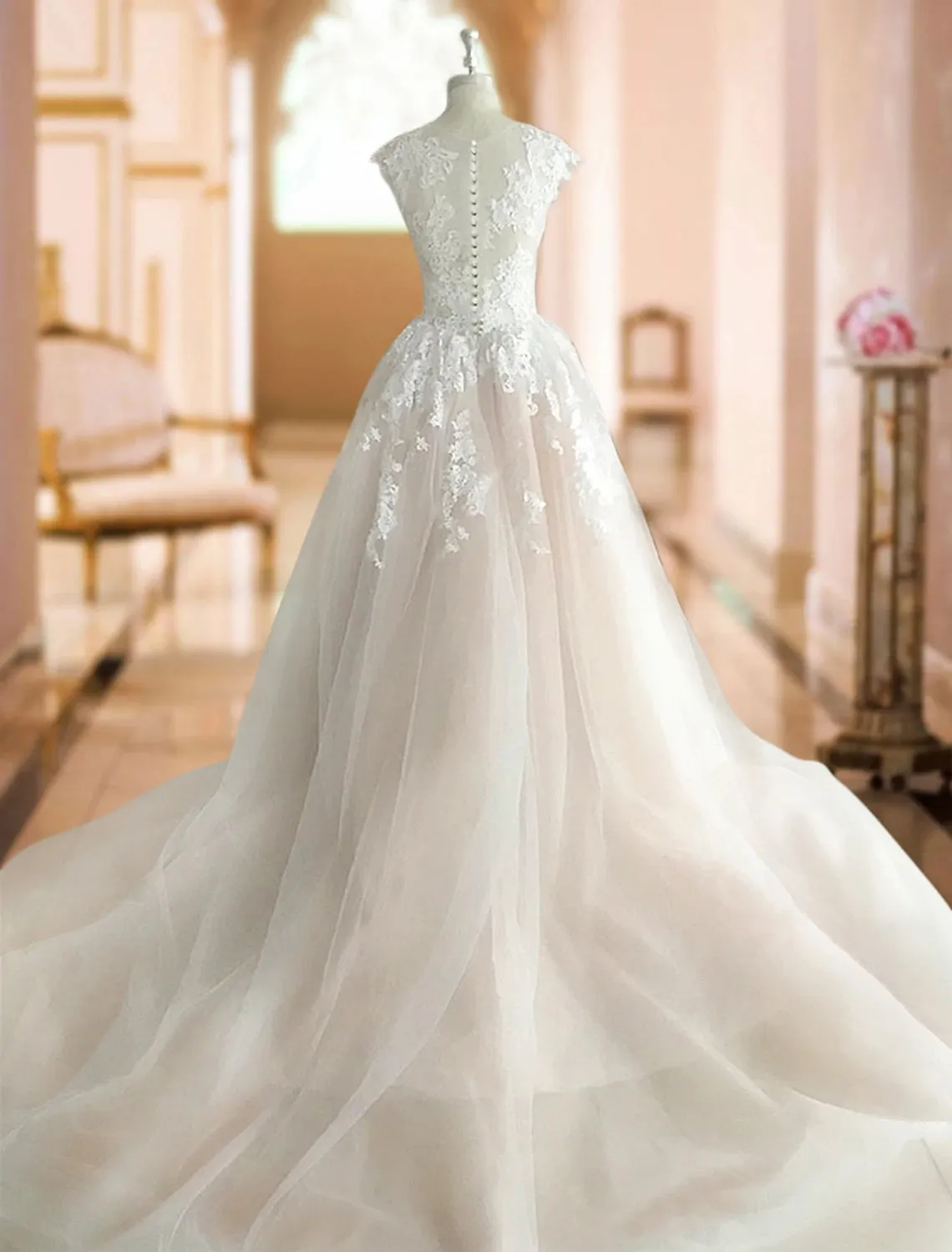 Luolandi Formal Wedding Dresses Ball Gown Illusion Neck Cap Sleeve Court Train Lace Bridal Gowns With Buttons Appliques Summer Wedding Party