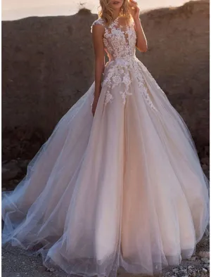 Luolandi Formal Wedding Dresses Ball Gown Illusion Neck Cap Sleeve Court Train Lace Bridal Gowns With Buttons Appliques Summer Wedding Party